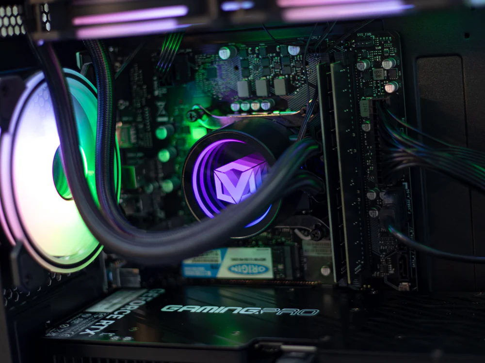 Water-cooled gaming PC close-up